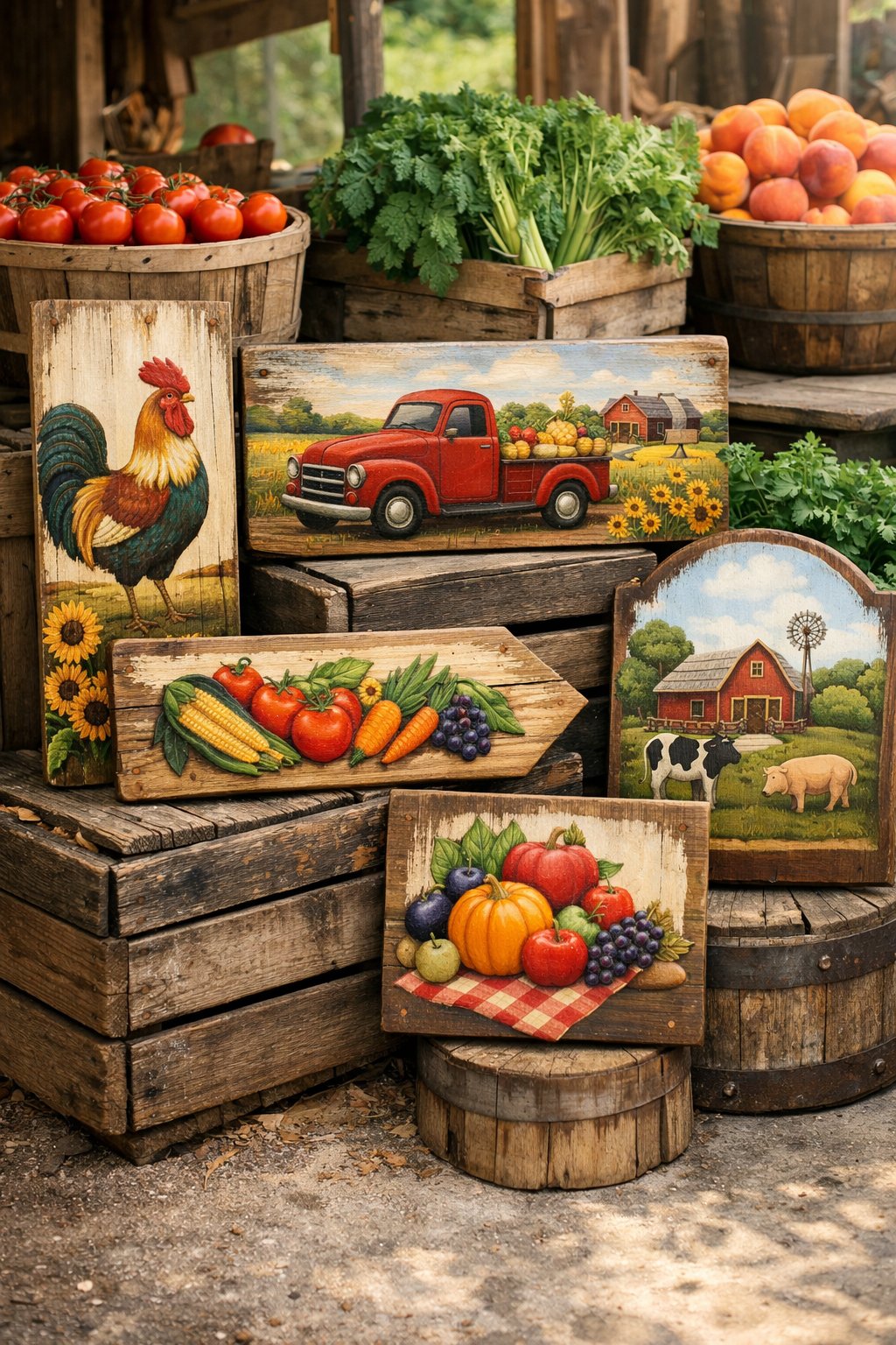 A farmstand with hand-painted wooden signs surrounded by fresh fruits and vegetables on wooden crates.