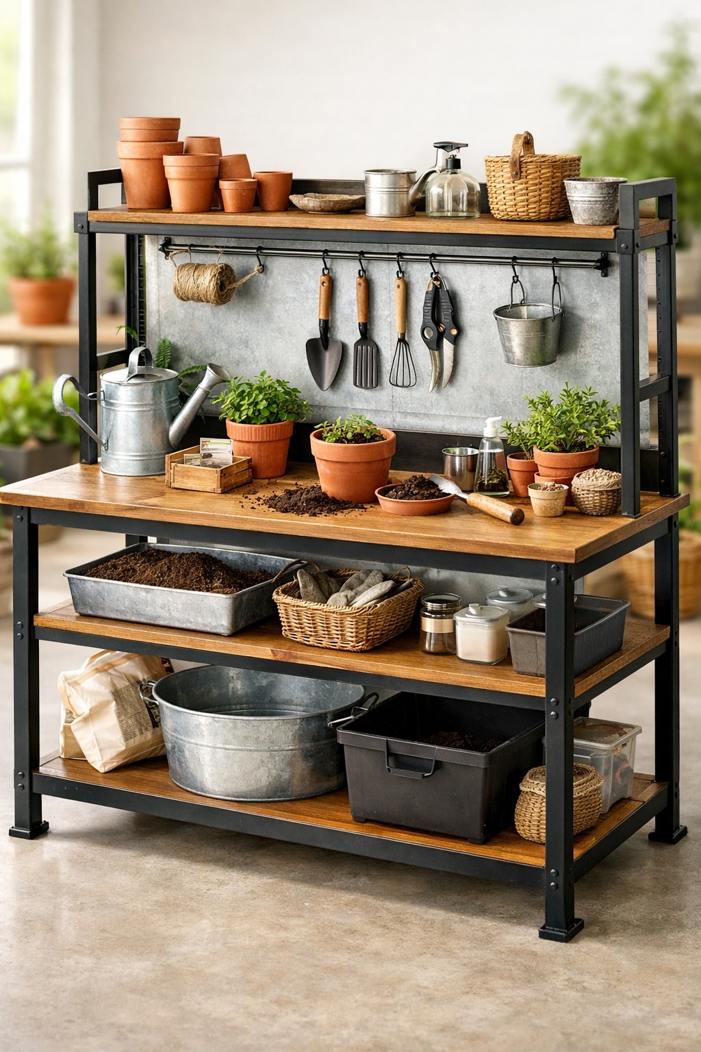 An industrial metal frame potting bench with wooden shelves holding gardening tools and plants in a bright workspace.