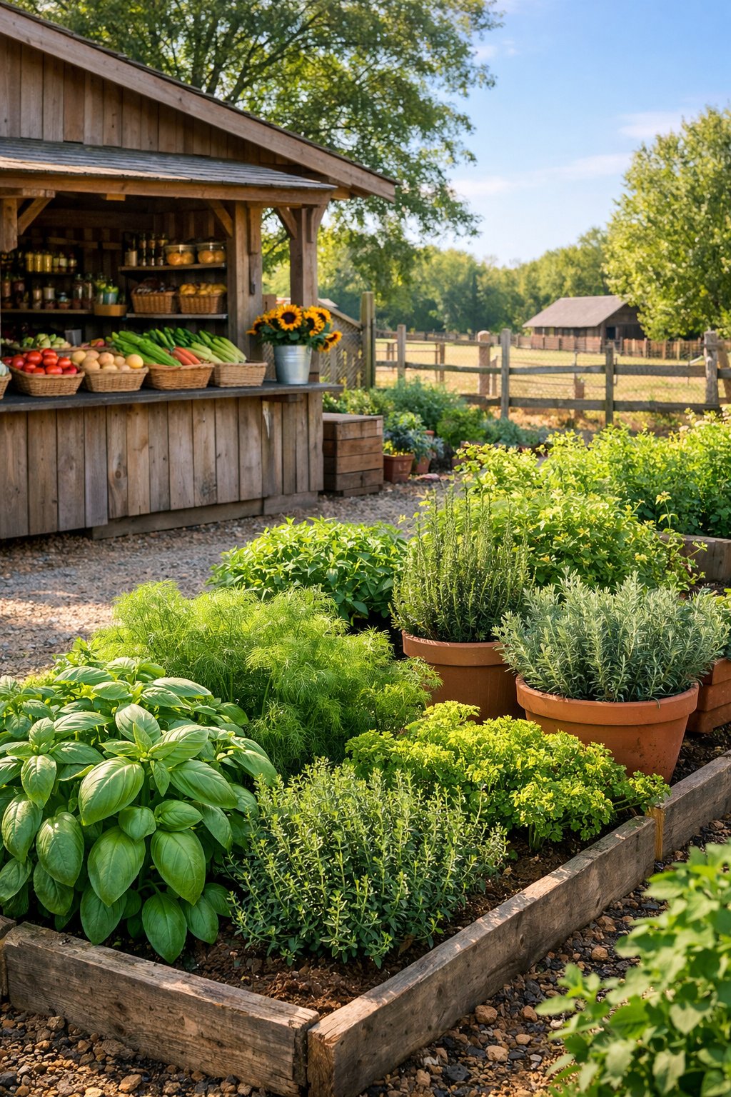 A farmstand next to a thriving herb garden with various green herbs growing in raised beds outdoors.