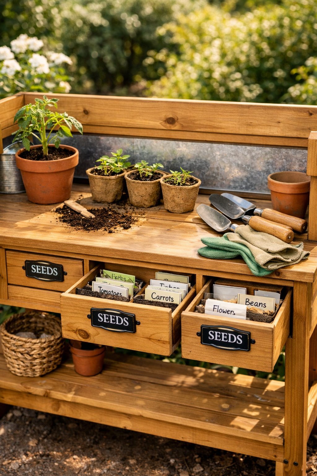 Compact wooden potting bench with seed storage drawers outdoors surrounded by gardening tools and seedlings.