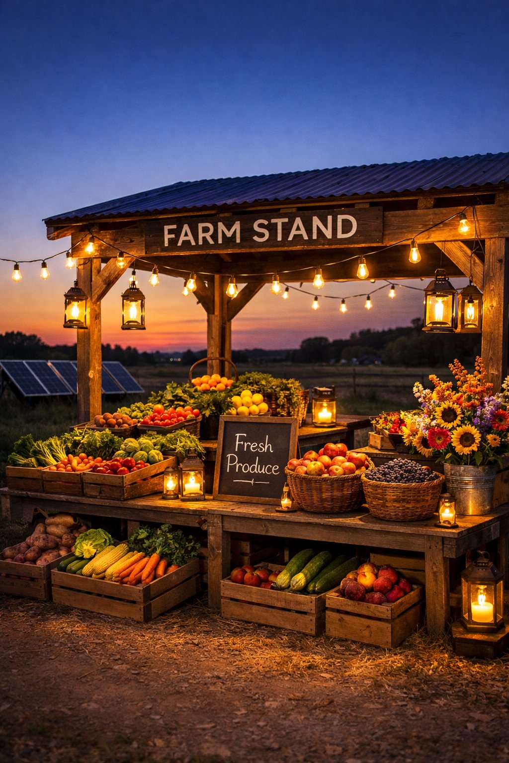 A rustic farmstand at twilight illuminated by solar-powered lights, displaying fresh fruits and vegetables outdoors.