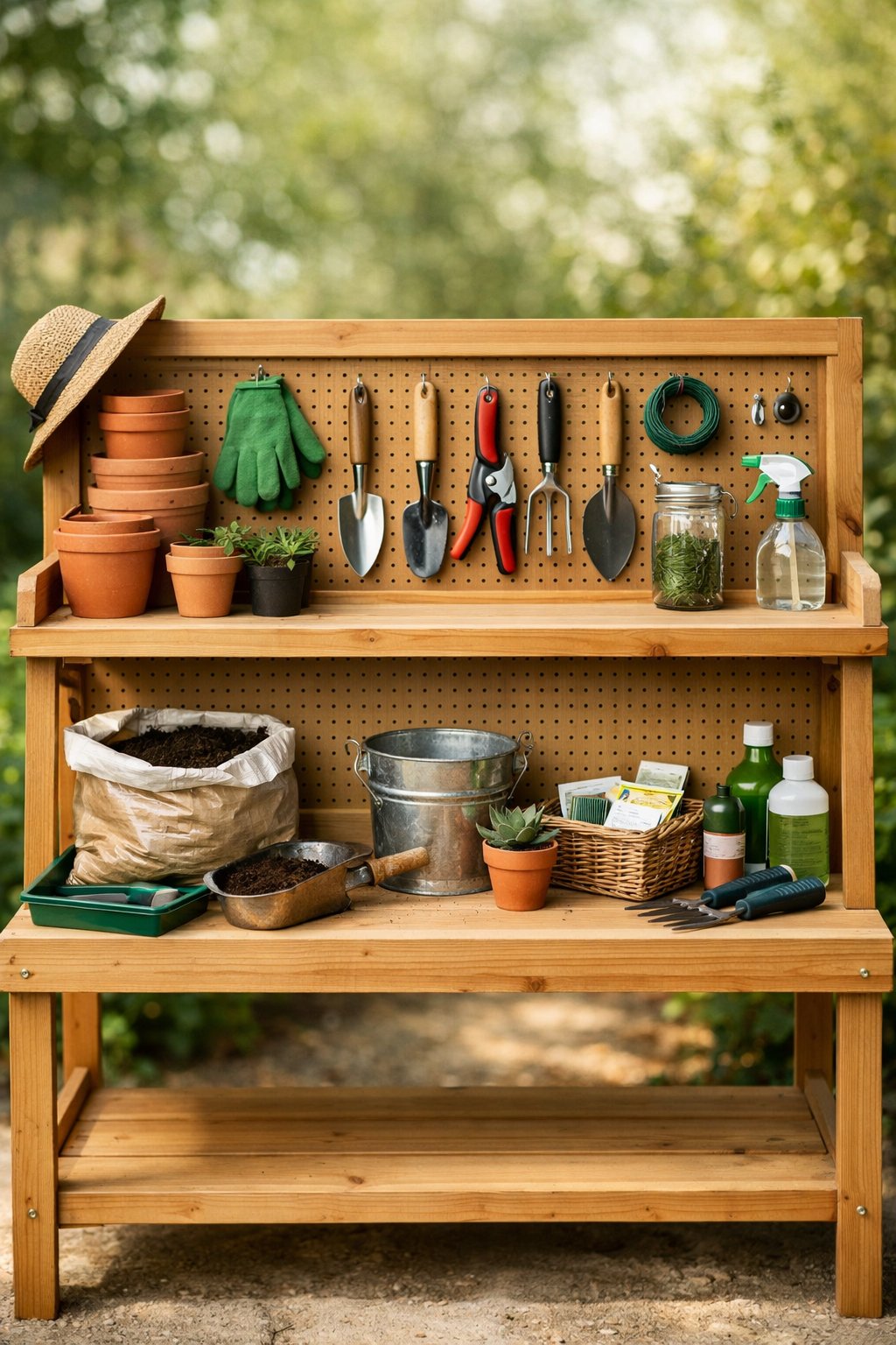 Double-tier wooden potting bench with pegboard back holding gardening tools and supplies in an outdoor garden setting.