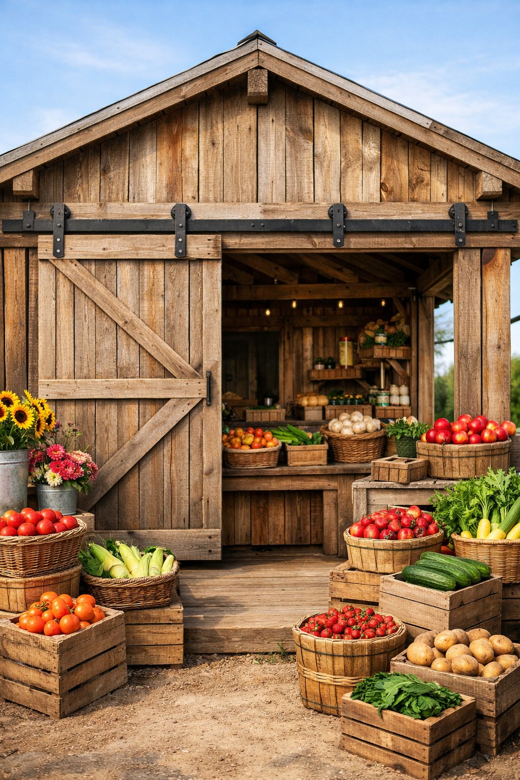 A farmstand with a sliding barn door facade surrounded by baskets of fresh vegetables and fruits.