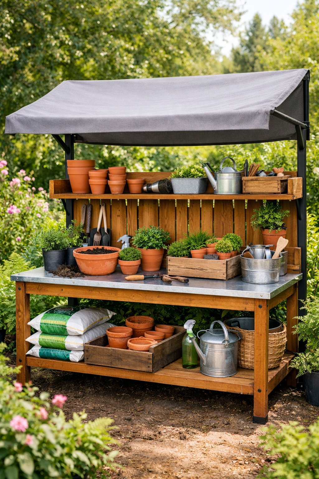 Outdoor potting bench with gardening tools and plants under a weatherproof canopy in a garden.