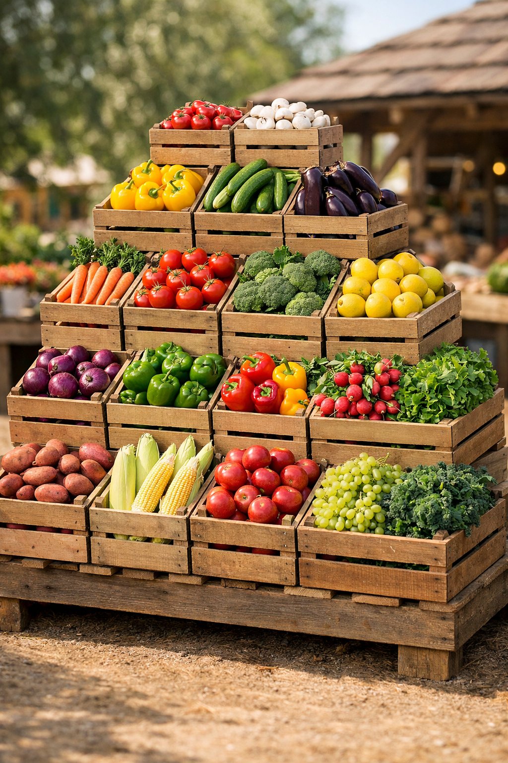 A tiered wooden crate tower filled with colorful fresh fruits and vegetables at a farmstand.