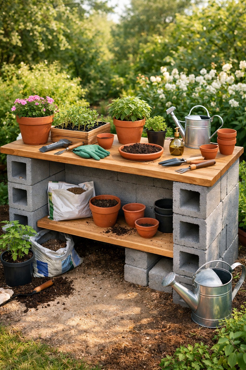 A garden potting bench made from cinder blocks and wood with gardening tools, potted plants, and soil in an outdoor garden setting.