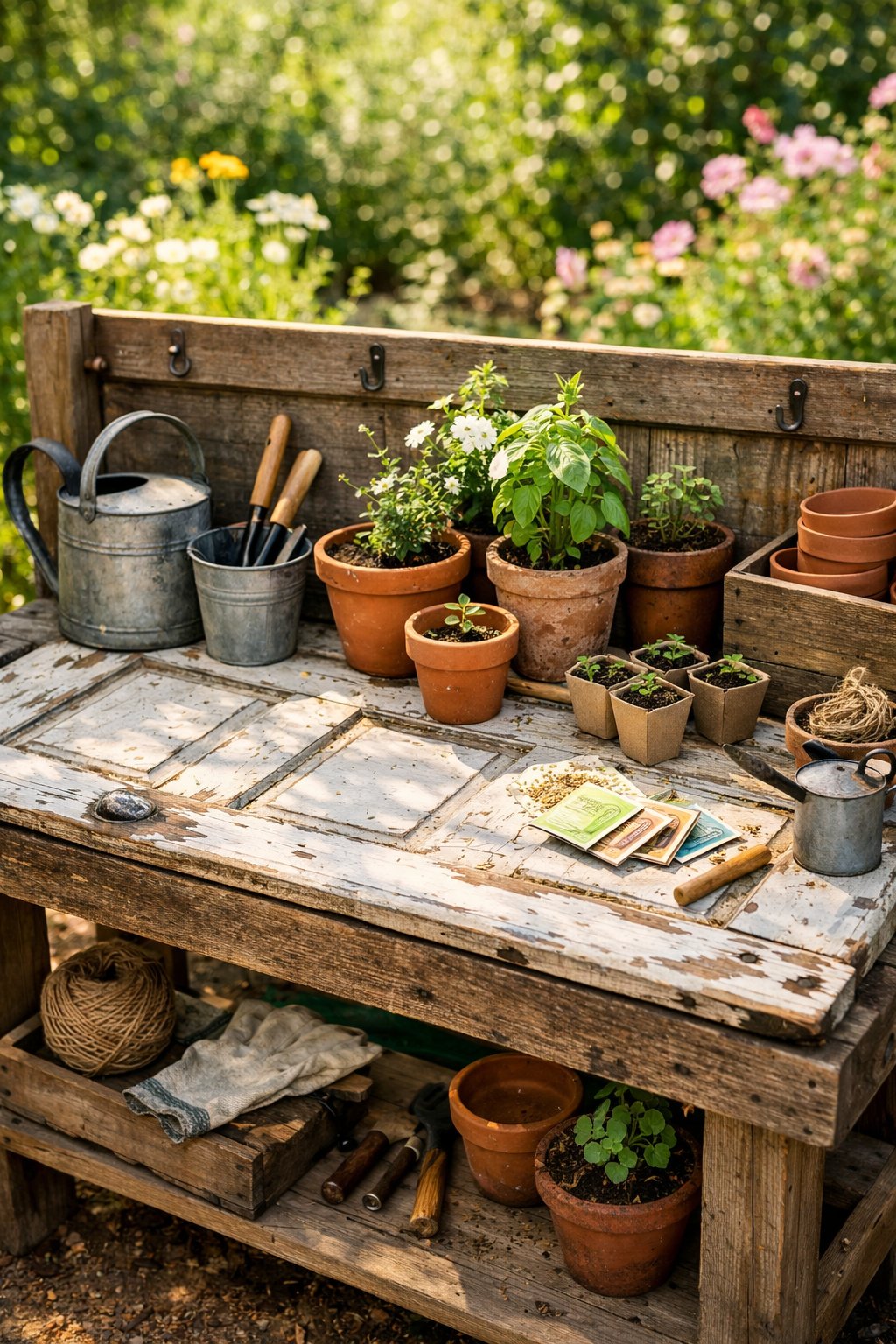 A garden potting bench made from a repurposed wooden door tabletop with gardening tools and plants arranged on it, surrounded by greenery and flowers.