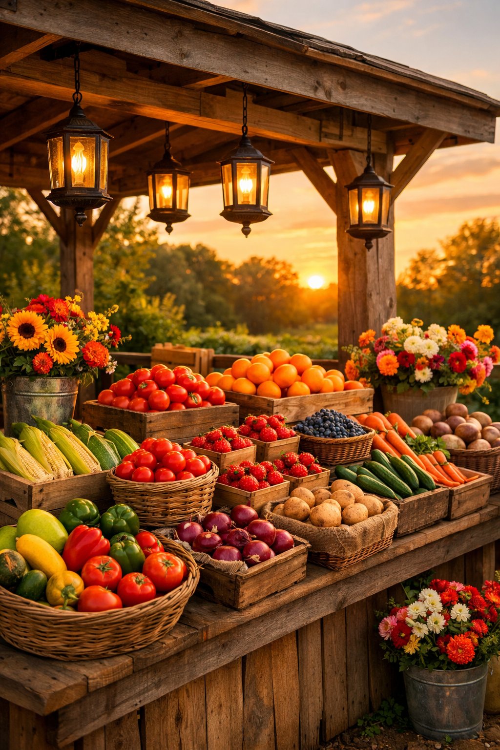 A farmstand with fresh produce illuminated by hanging lanterns glowing in warm golden hour light.