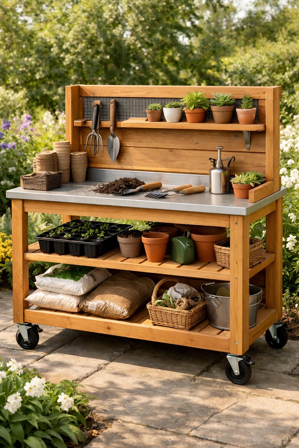 A mobile potting bench with lockable wheels outdoors, holding gardening tools and small plants in a garden setting.