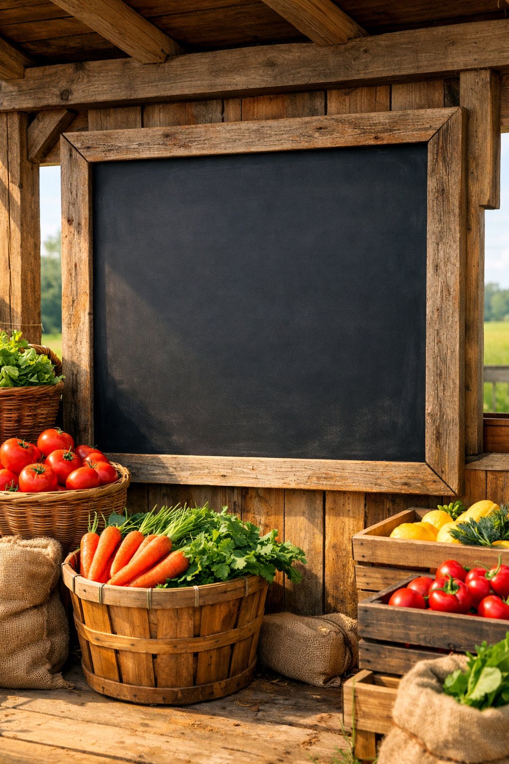 A rustic farmstand with a built-in chalkboard above baskets of fresh fruits and vegetables outdoors.
