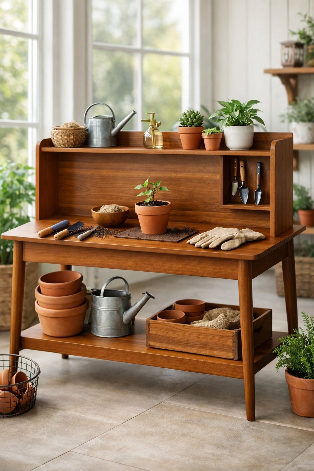 A wooden potting bench with gardening tools and small potted plants in a bright indoor garden room.