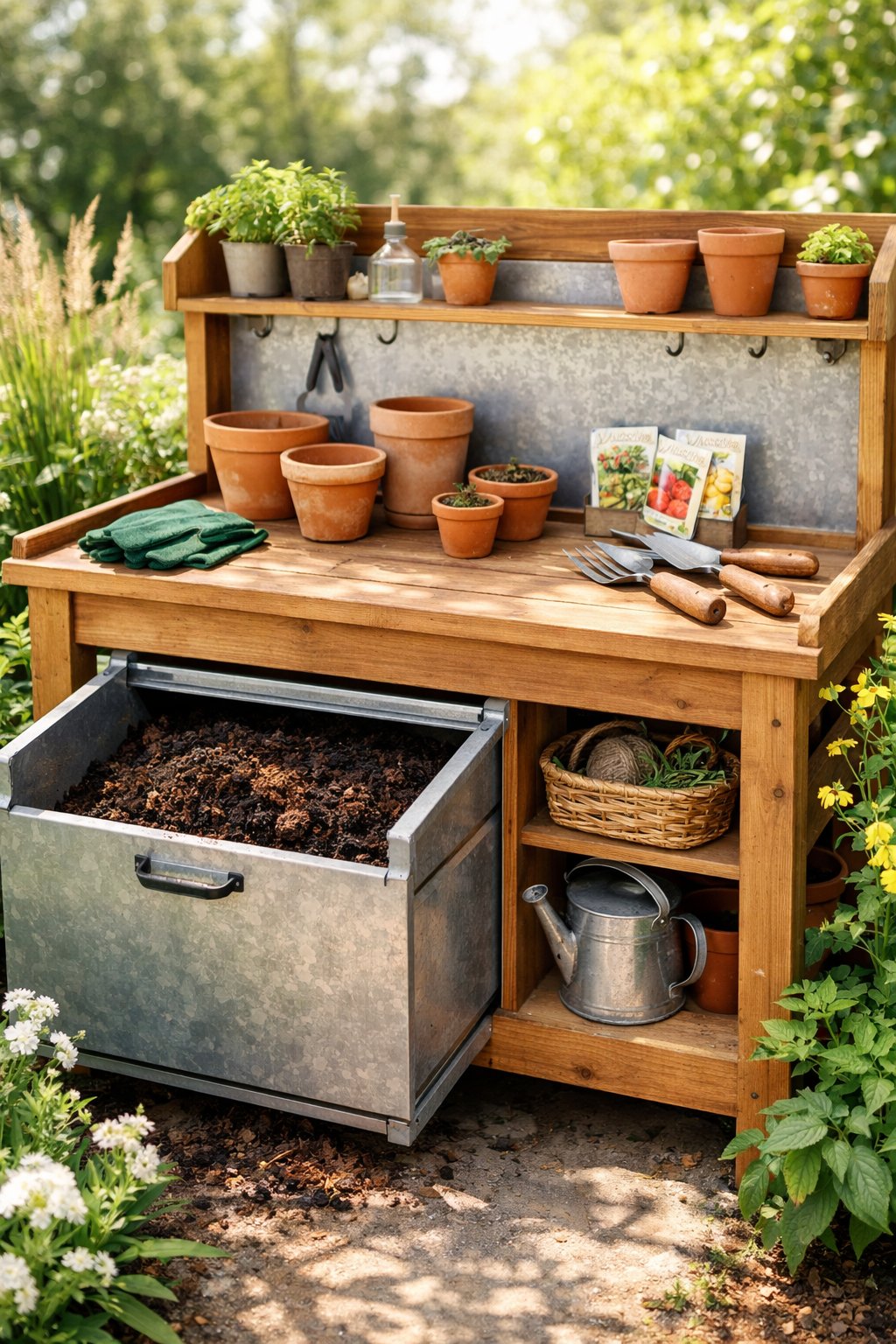 A wooden potting bench outdoors with gardening tools on top and a built-in compost bin underneath, surrounded by green plants.