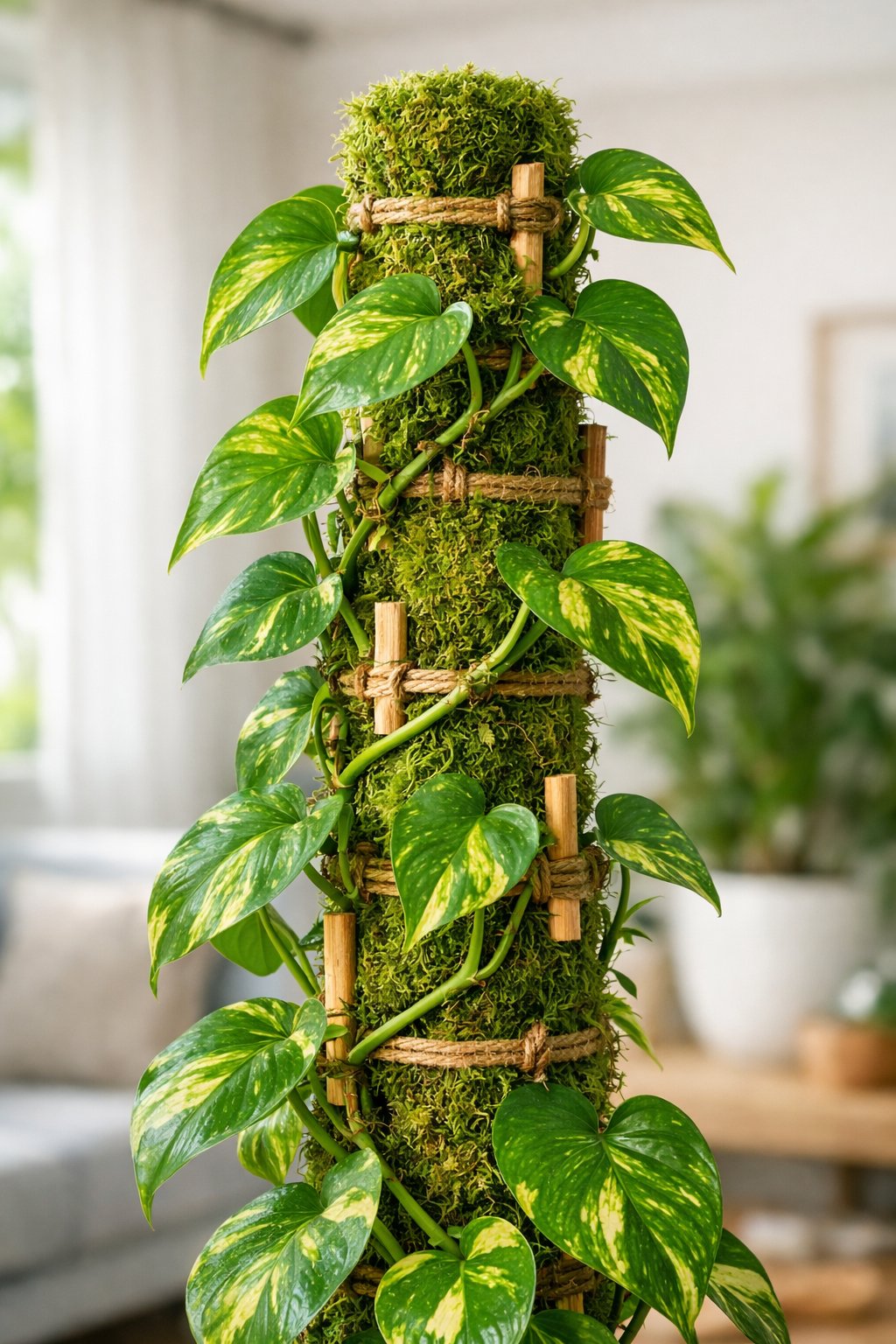 A pothos plant climbing a DIY moss pole indoors with green leaves and a natural wooden support in a well-lit room.