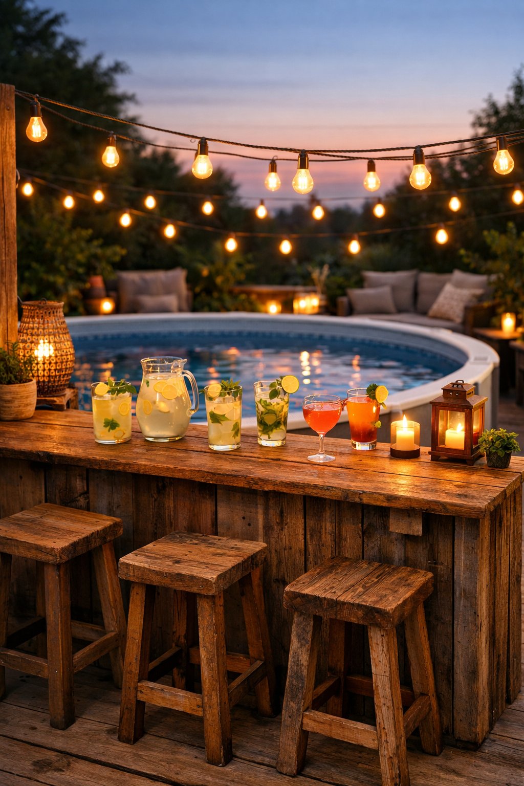 A rustic wooden poolside bar with drinks next to an above ground pool at sunset.