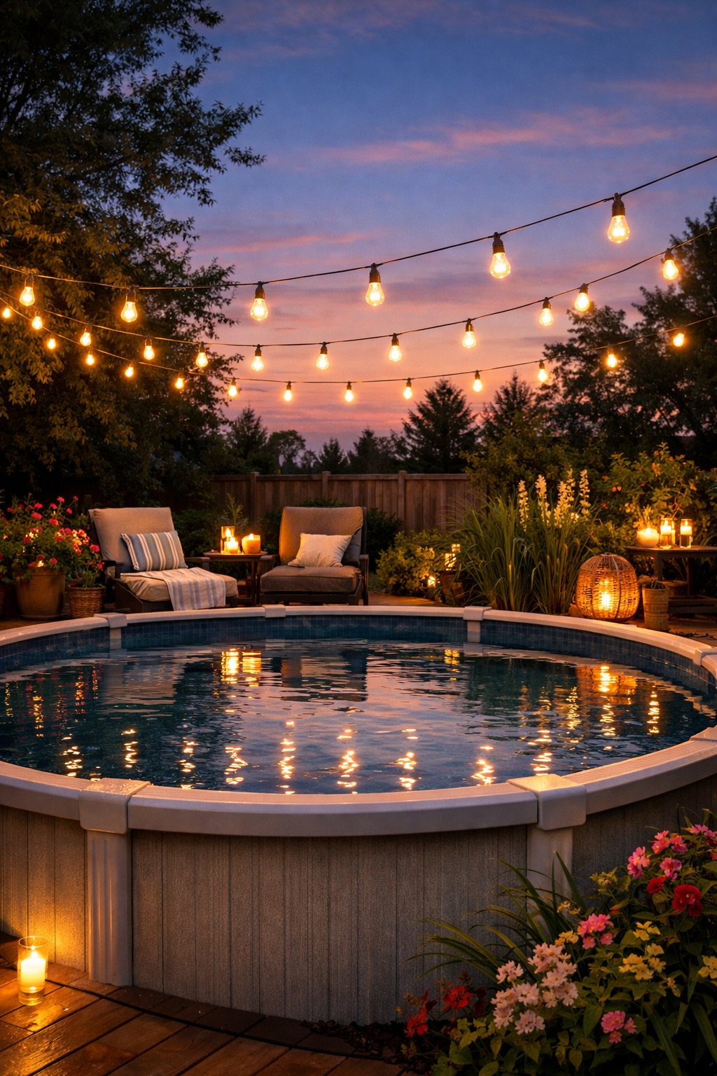 An above ground swimming pool at dusk with string lights overhead, surrounded by lounge chairs and plants.