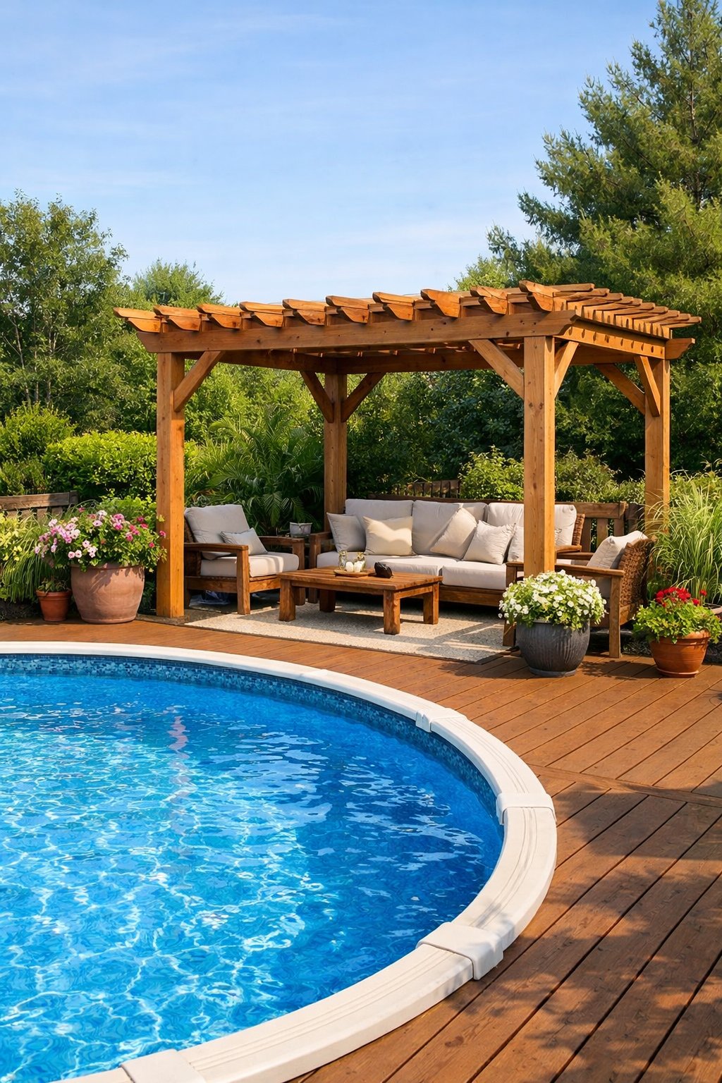 A backyard with a wooden pergola next to an above ground swimming pool surrounded by plants and lounge chairs.