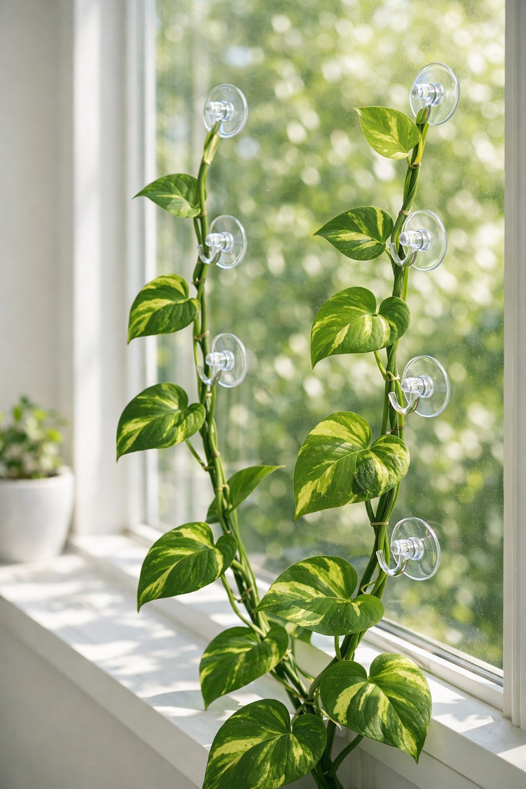 Sunlit window with suction cup hooks supporting green pothos vines climbing upward.