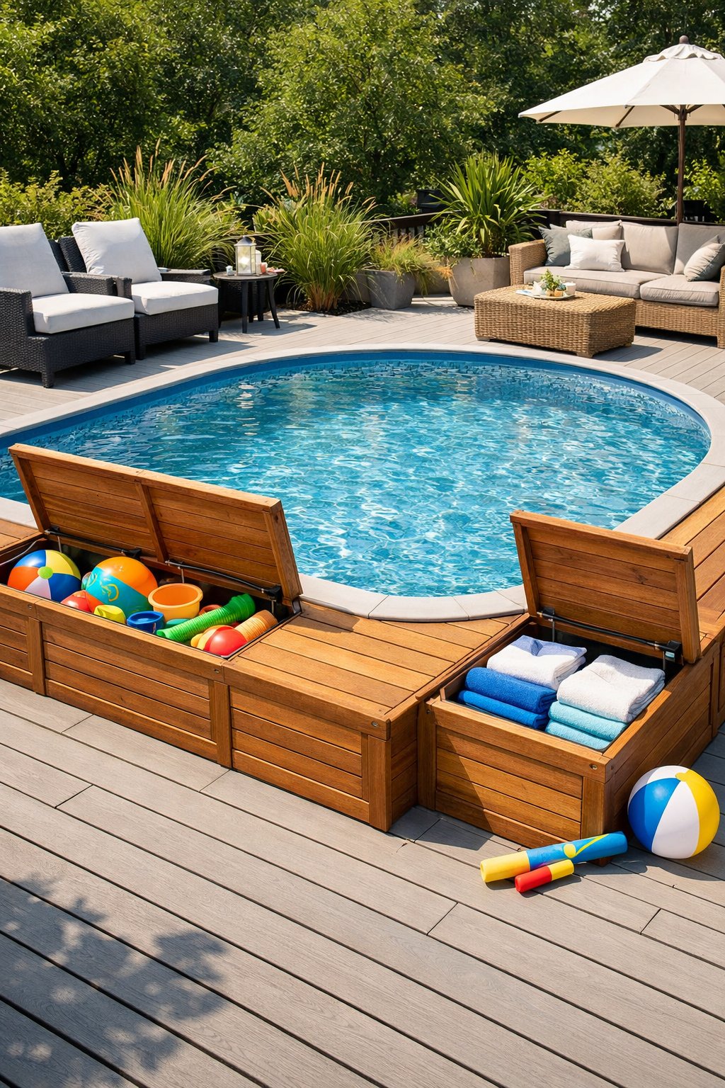 Above ground pool with built-in wooden storage benches holding pool toys and towels on a sunny deck surrounded by plants.
