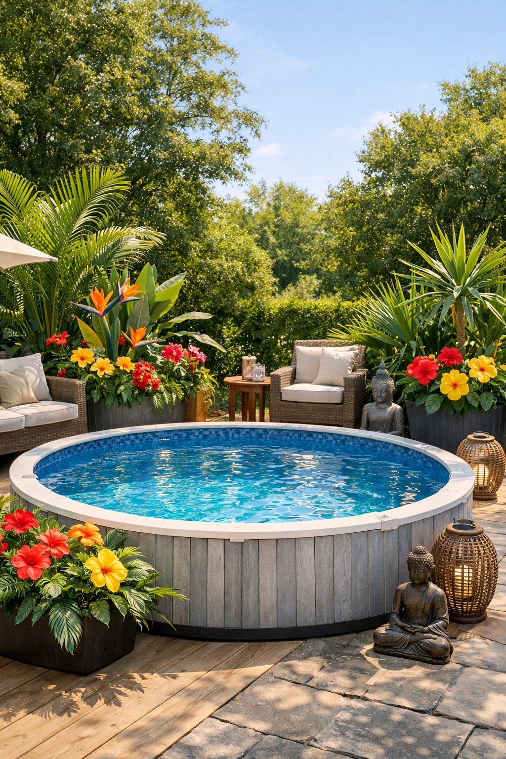 Above ground pool surrounded by tropical plants in planters, creating a relaxing backyard scene.