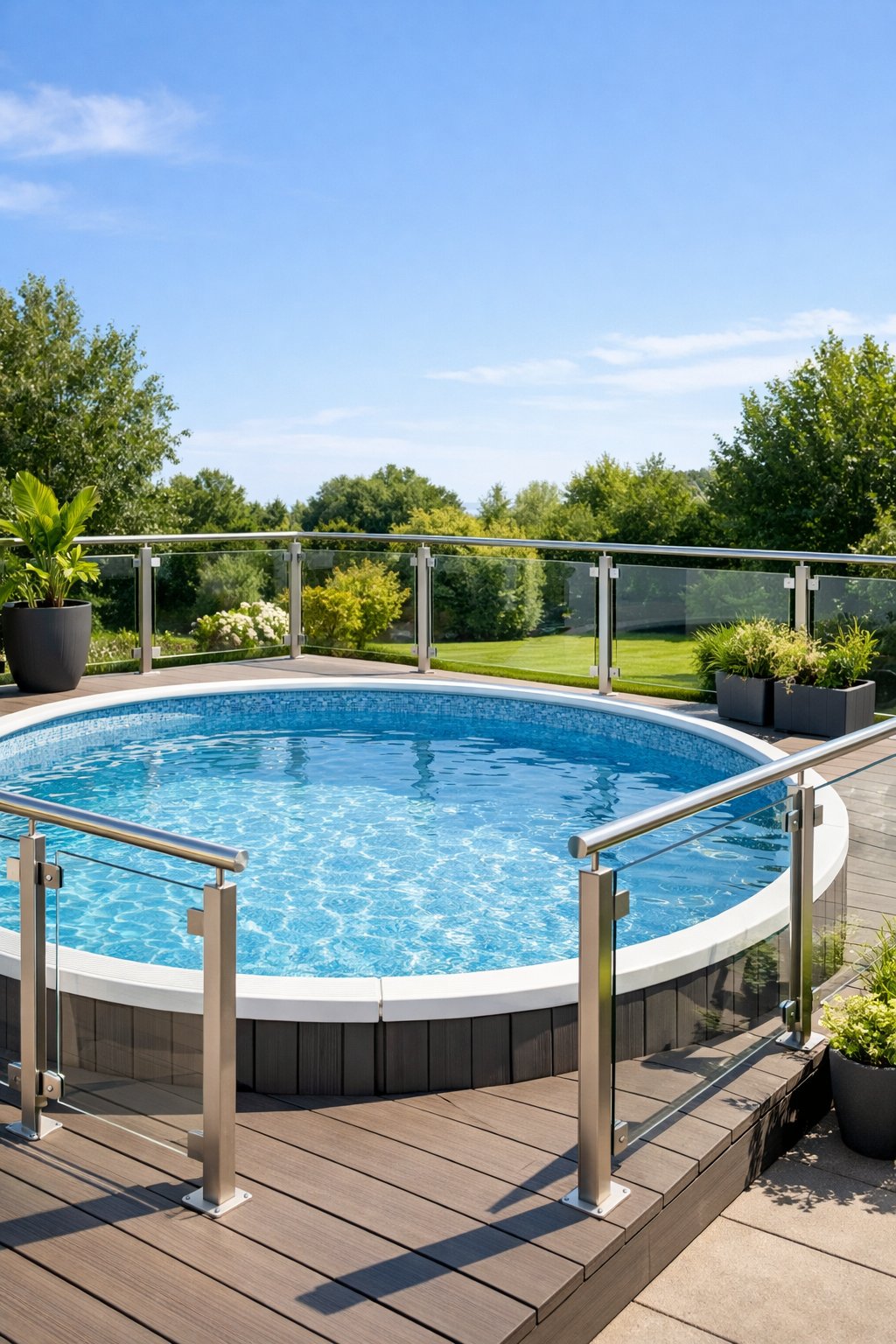 Above-ground swimming pool with metal and glass railings in a backyard setting.
