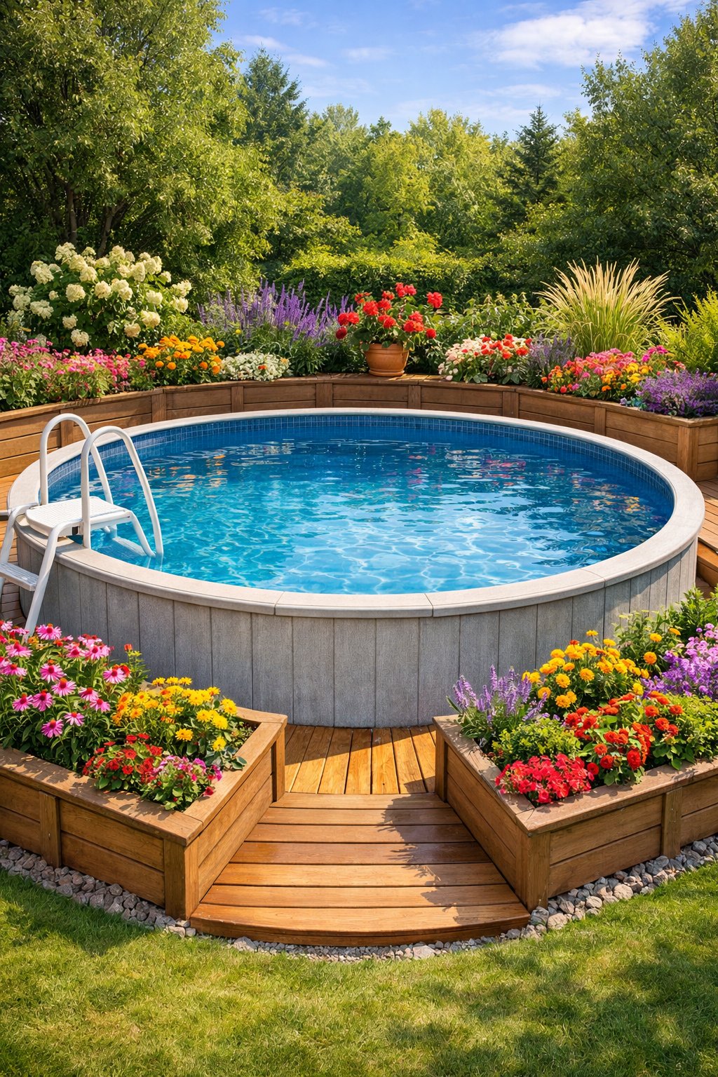 Above ground swimming pool surrounded by raised flower beds with colorful flowers and greenery in a backyard.