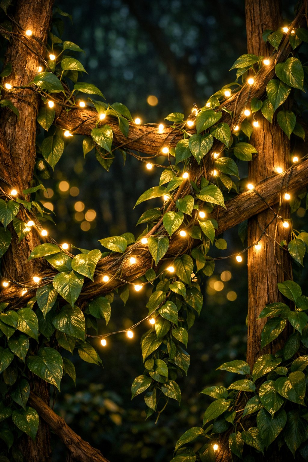 Nighttime scene of green pothos vines climbing with warm white string lights glowing softly among the leaves in a forest setting.