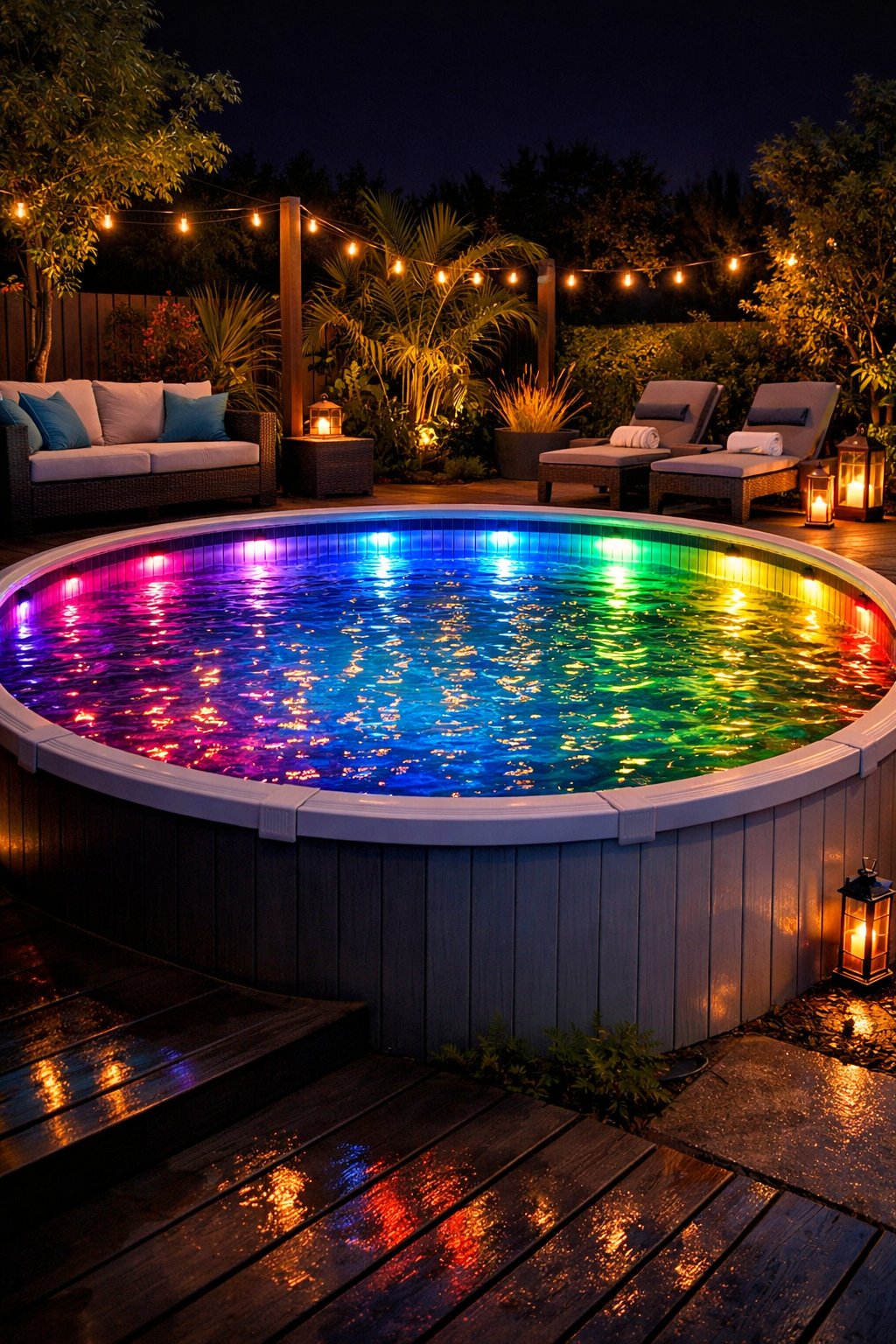 An illuminated above ground pool at night with colorful LED lights glowing in the water, surrounded by a deck and outdoor seating.