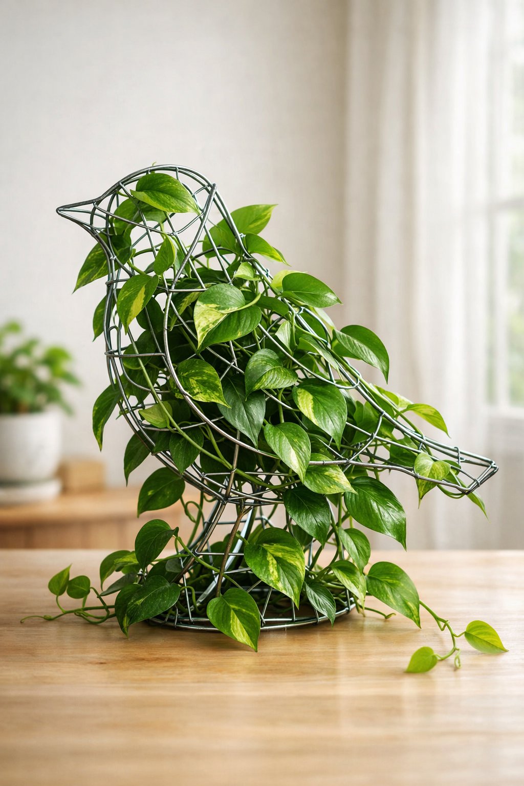 A wireframe sculpture shaped like an animal or object with pothos vines climbing and filling in the gaps.