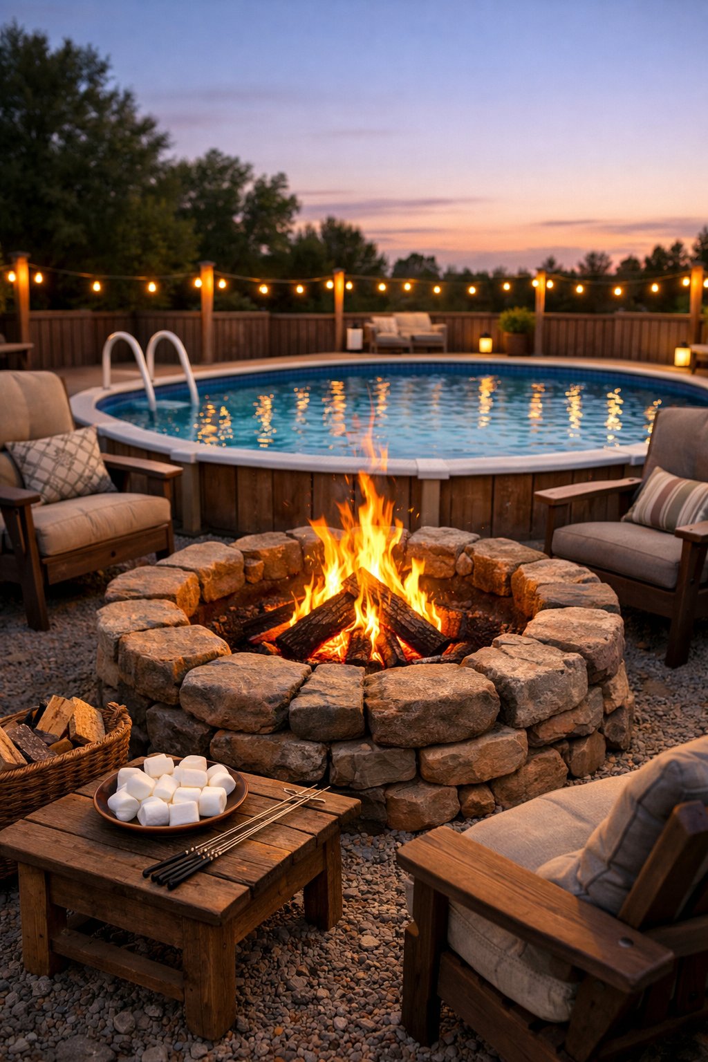 A cozy fire pit made of stones beside an above ground pool with chairs and marshmallow roasting supplies around it during early evening.