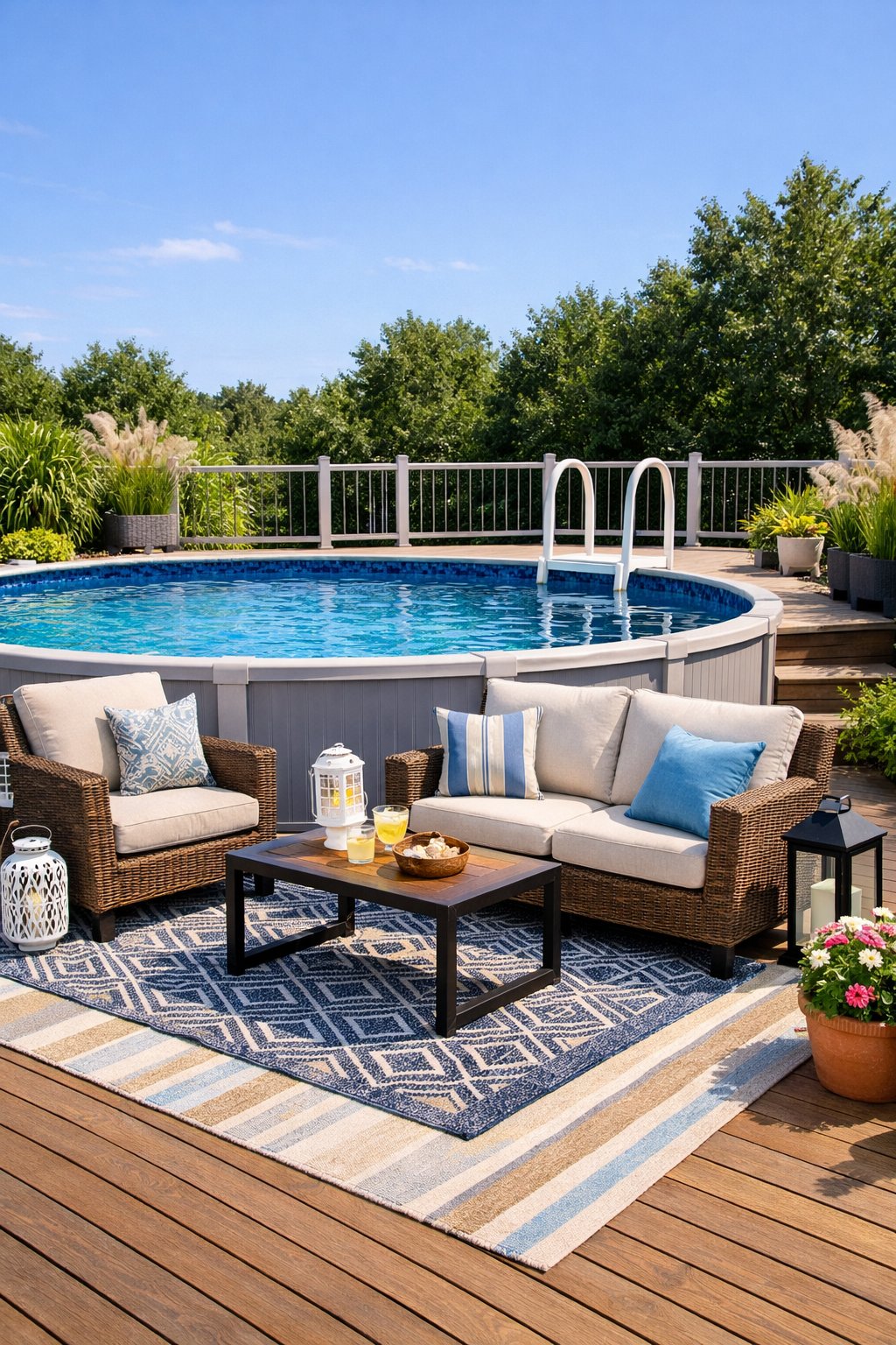 Outdoor lounging area with weather-resistant rugs and furniture next to an above ground pool surrounded by plants.