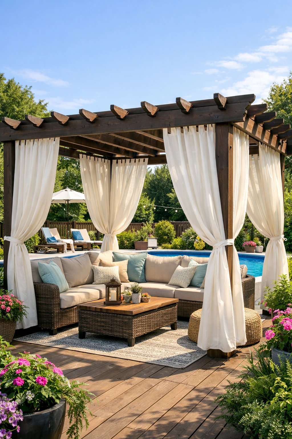Backyard pergola with waterproof curtains and seating next to an above ground pool surrounded by greenery.