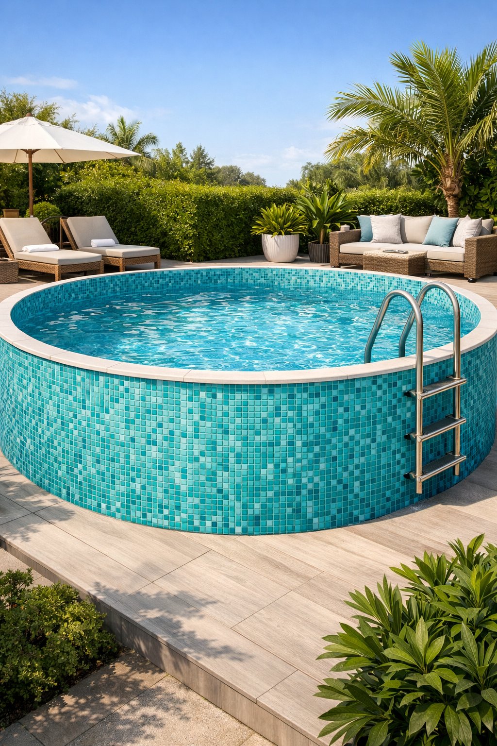 Above ground swimming pool with turquoise mosaic tiled walls surrounded by greenery and outdoor furniture.