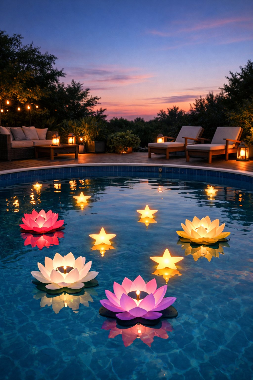 An above ground pool at dusk with floating lotus flower and star-shaped lights glowing on the water, surrounded by greenery and a wooden deck.
