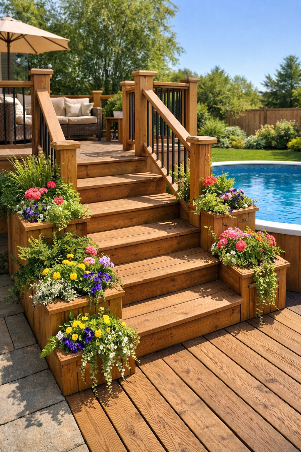 Wooden staircase with built-in planter boxes leading to a patio next to a clear above ground pool in a sunny backyard.