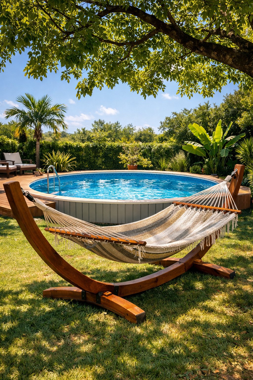 A hammock hanging near an above ground swimming pool in a sunny backyard surrounded by green grass and plants.