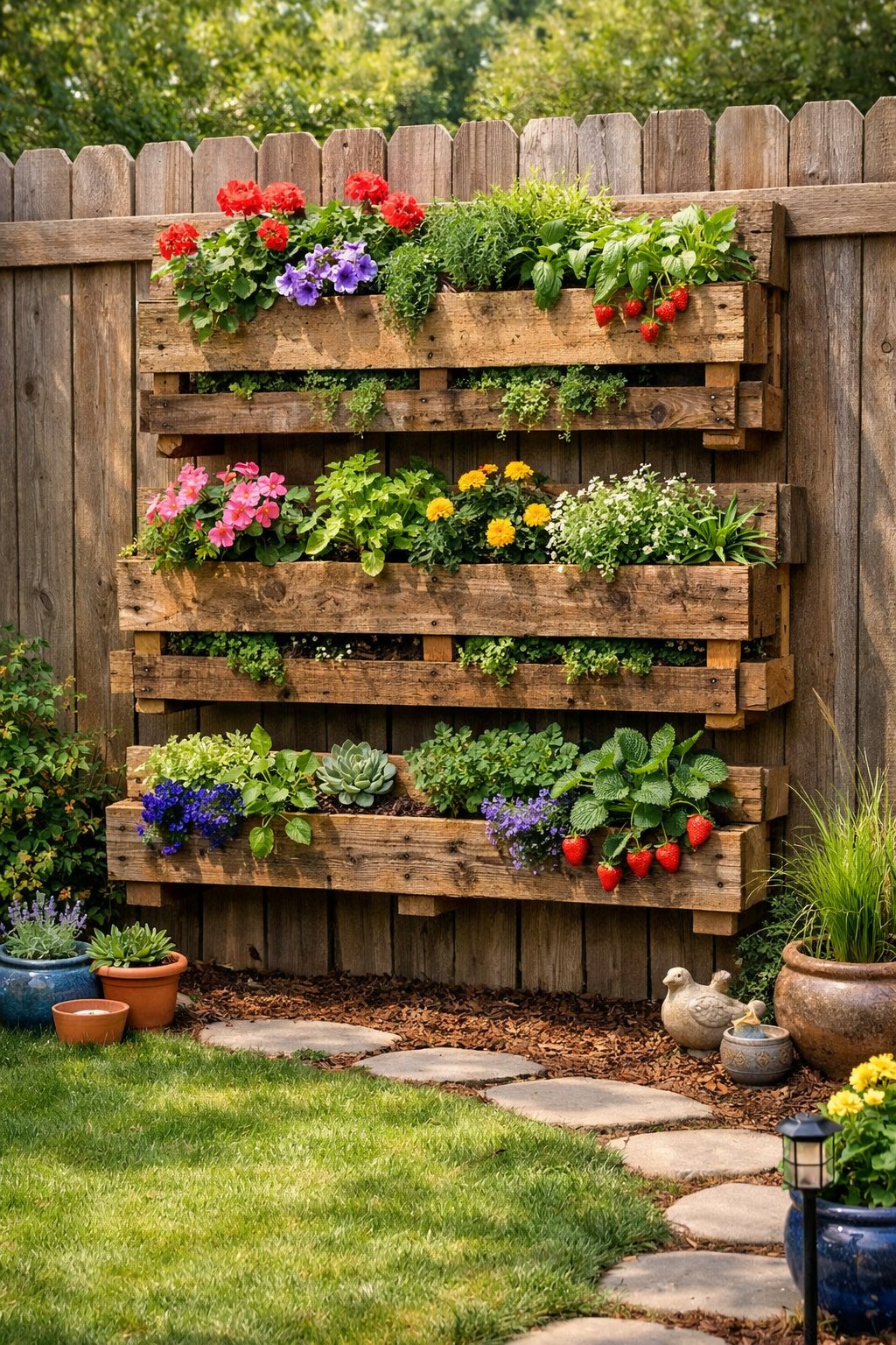 A backyard with wooden pallet planters mounted vertically on a fence, filled with green plants and flowers.