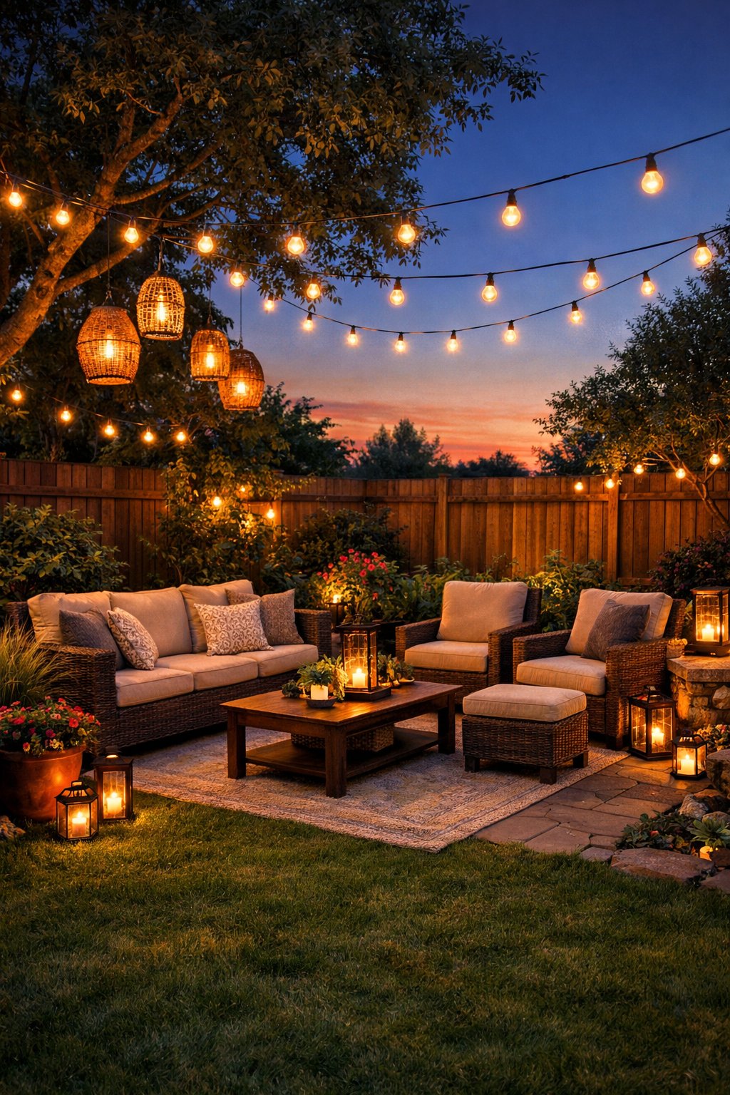 Backyard at dusk with string lights and lanterns glowing over a cozy seating area surrounded by plants and grass.