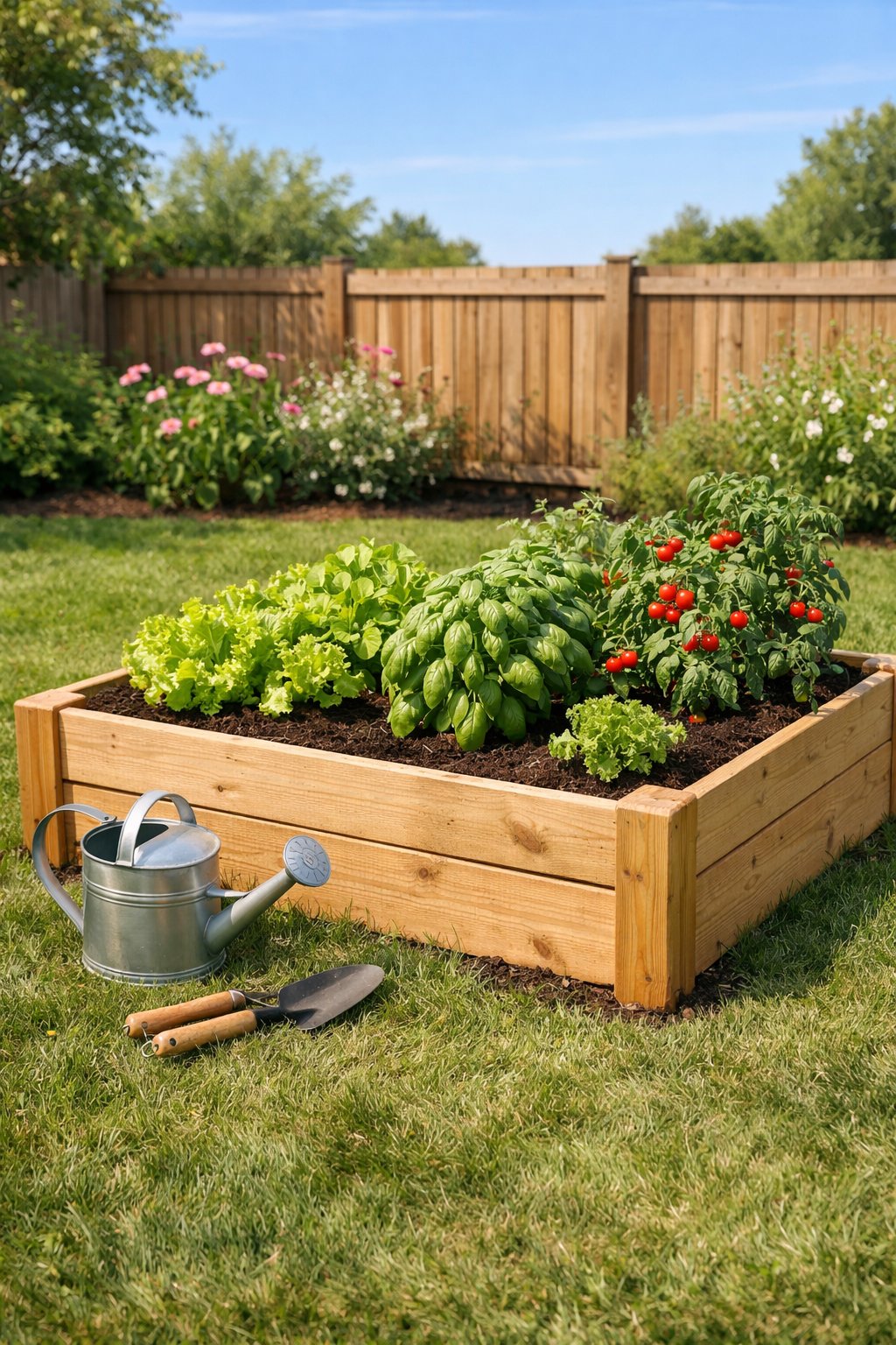 A raised wooden garden bed filled with green herbs and vegetables in a sunny backyard.