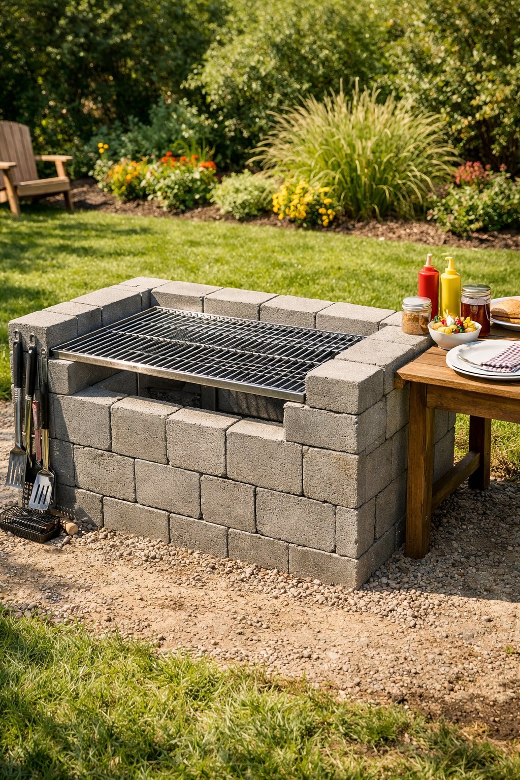 Backyard grill station made of cinder blocks with a metal grate, surrounded by grass and garden plants.