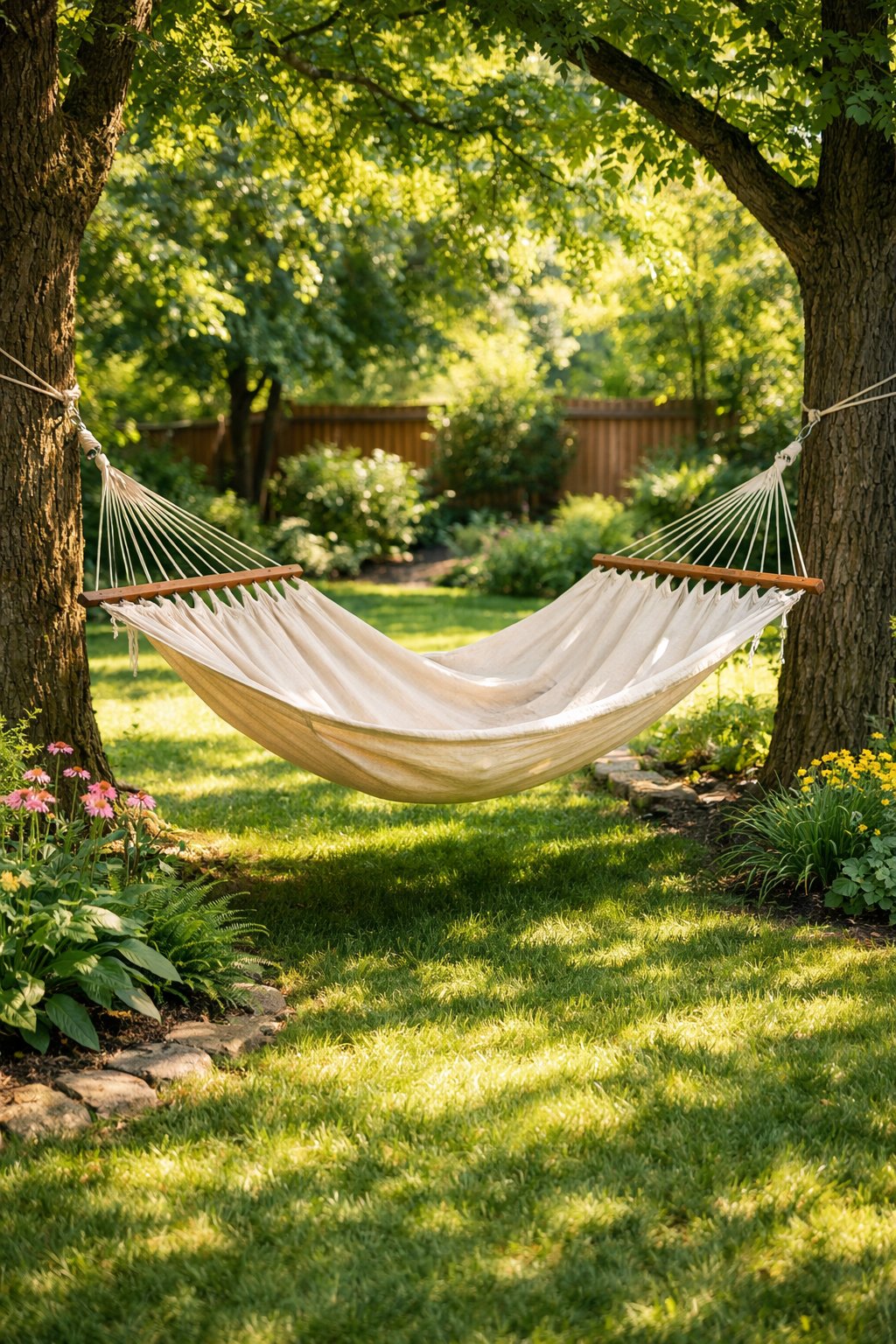 A hammock hanging between two trees in a green backyard with sunlight filtering through the leaves.