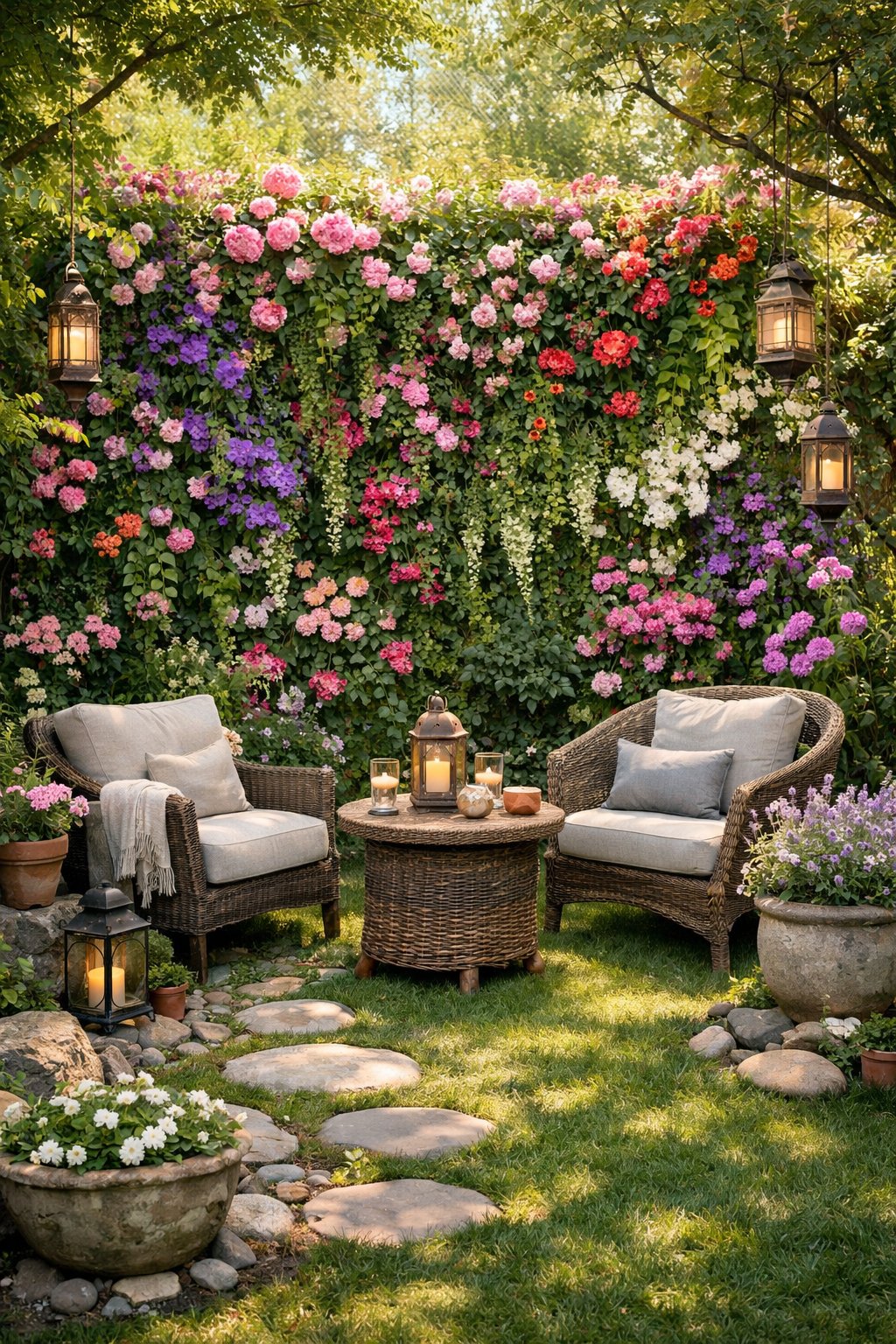 A backyard with a flowering wall backdrop, outdoor seating, and lush greenery creating a peaceful garden setting.