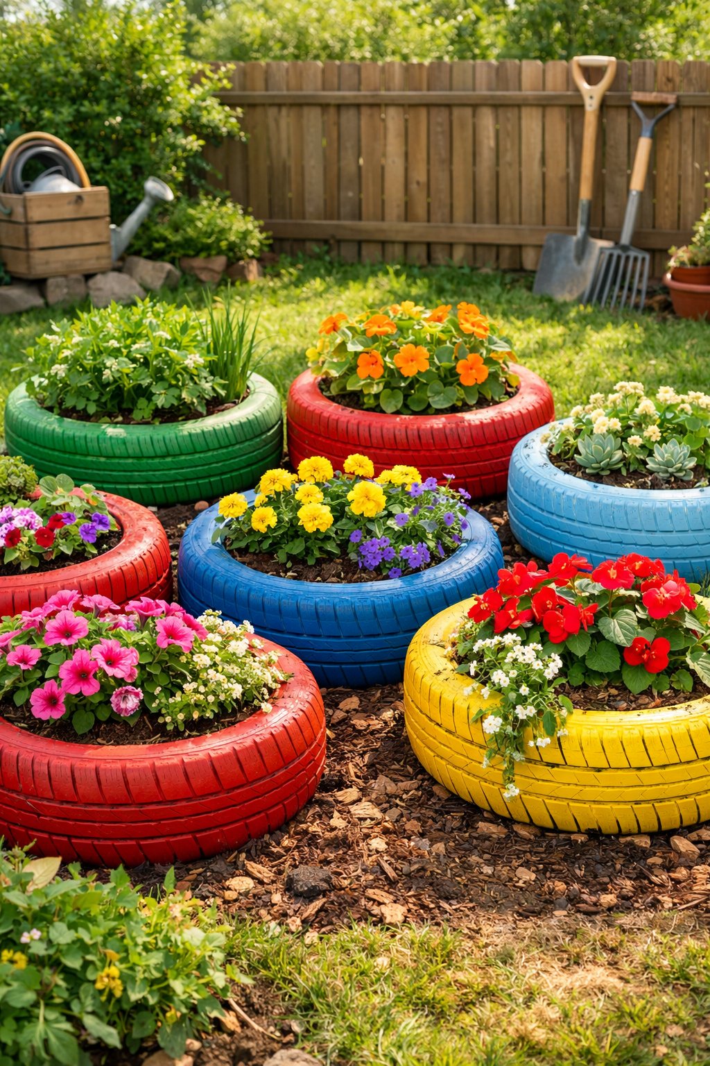 A backyard with colorful old tires used as planters filled with flowers and plants, surrounded by green grass and a wooden fence.
