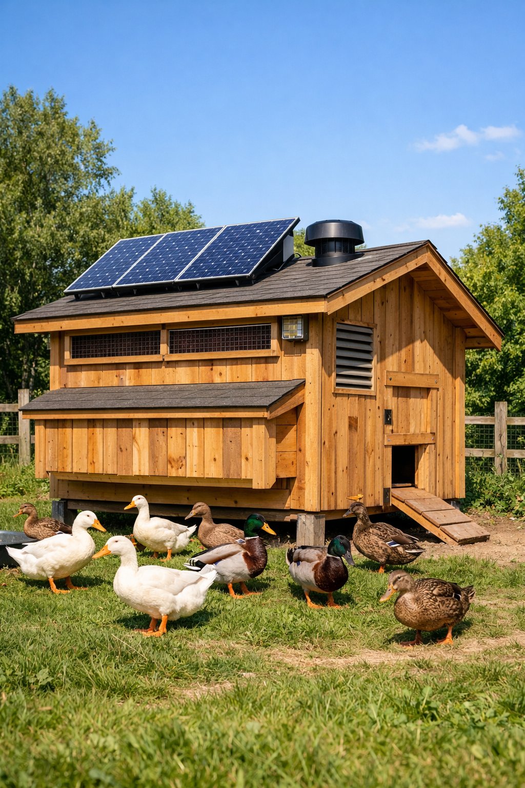 A wooden duck coop with solar panels on the roof and ducks walking on grass nearby in a green outdoor setting.