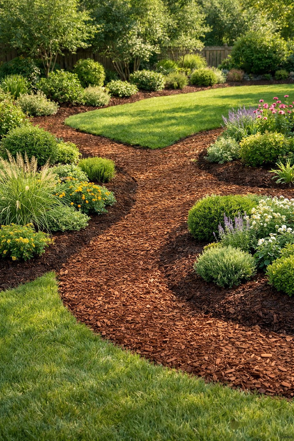 Backyard with neat mulch paths winding through green grass and plants