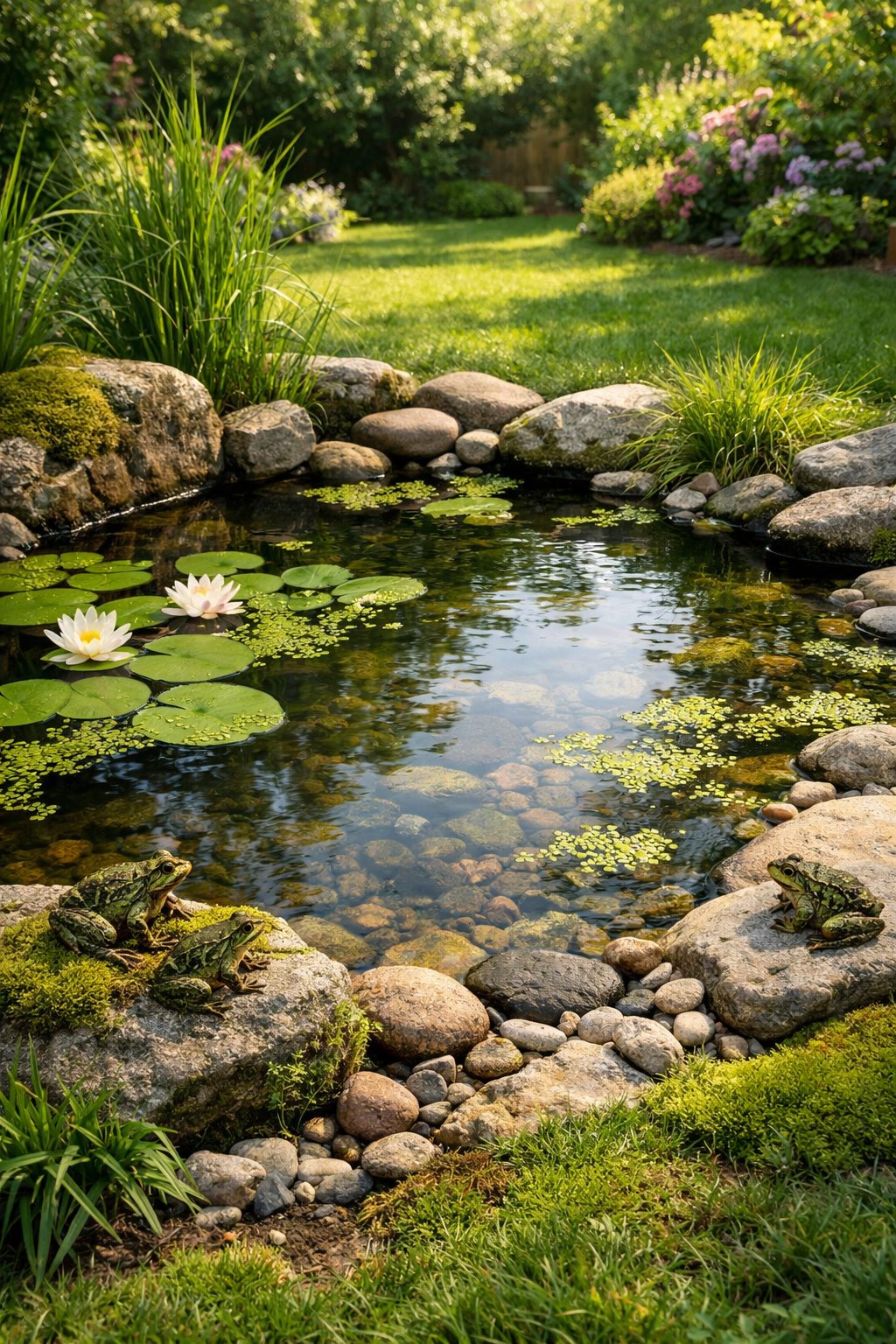 A small backyard pond with floating plants and a few frogs near the water, surrounded by grass and natural landscaping.