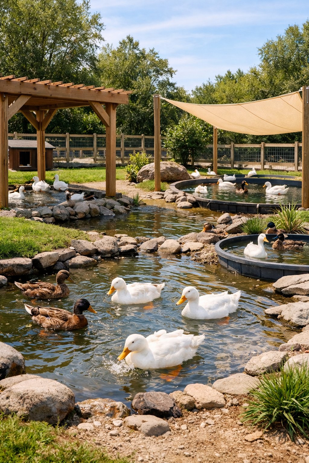 A spacious outdoor duck pen with shaded splash pools and ducks swimming and resting inside.
