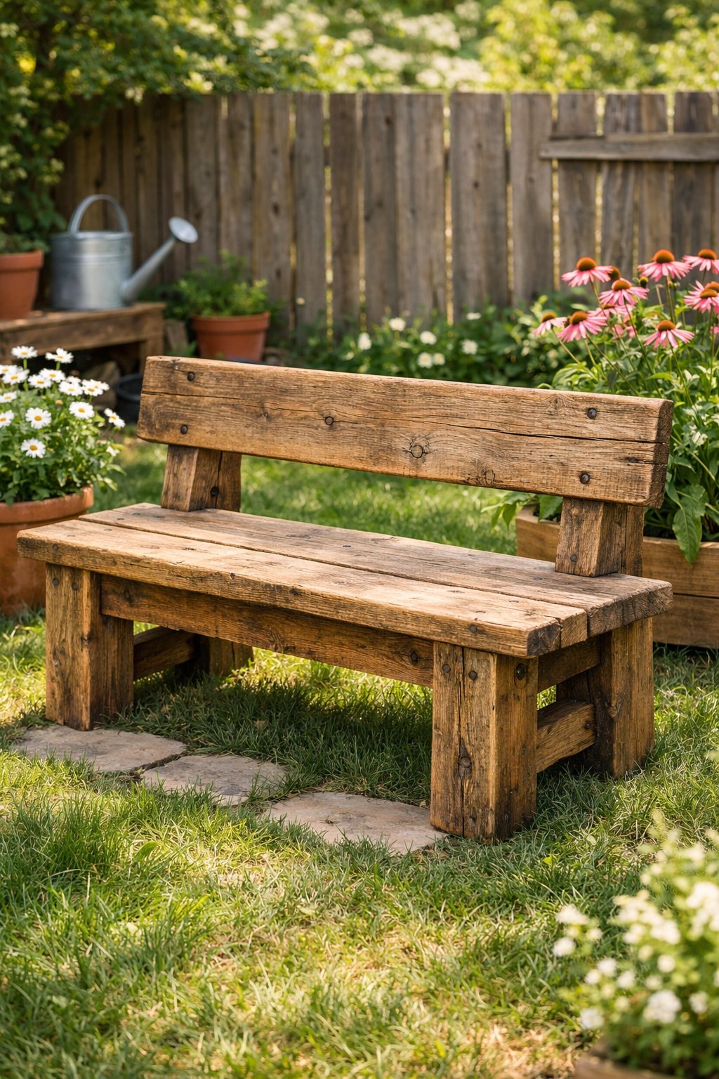 A wooden bench made from reclaimed wood in a backyard surrounded by grass and plants.