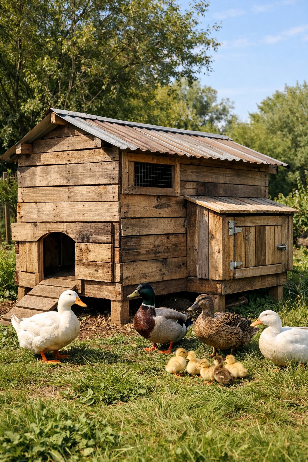 A duck coop made from reclaimed wooden pallets in a green garden with ducks and ducklings nearby.