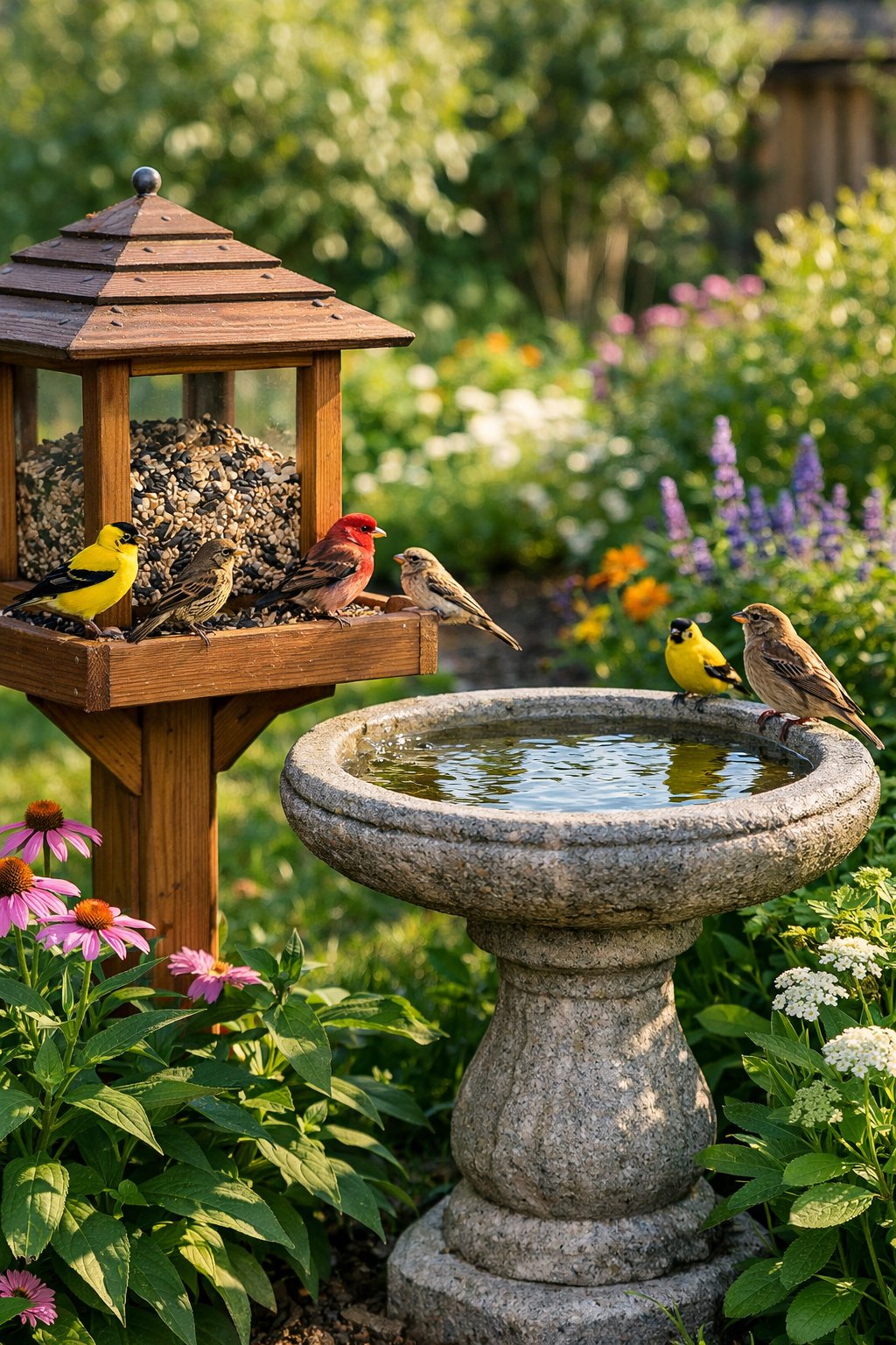 A backyard with a wooden bird feeder and a stone birdbath surrounded by green plants and colorful flowers, with small birds perched and drinking water.