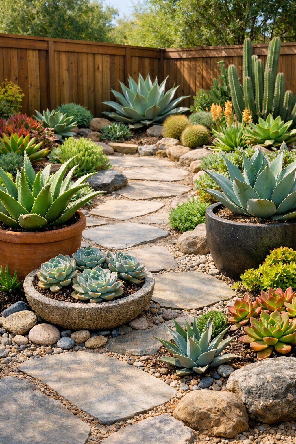 A backyard garden with various drought-resistant succulent plants arranged in pots and garden beds under natural sunlight.
